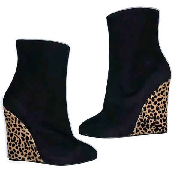 Giuseppe Zanotti Black Suede Animal Print Hide Cindy Wedge Heeled Boots Size 9.5 - Picture 1 of 16
